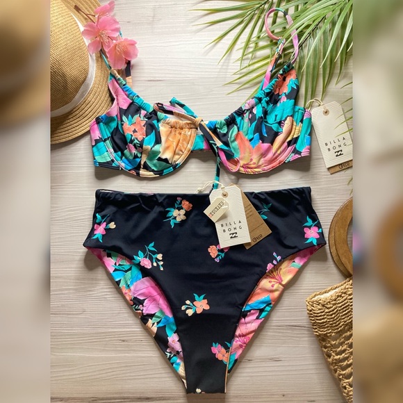 Billabong 🌺 Floral Rev Ruched Underwire Top | High Rise Bikini Bottoms 👙🌴 - Picture 12 of 16